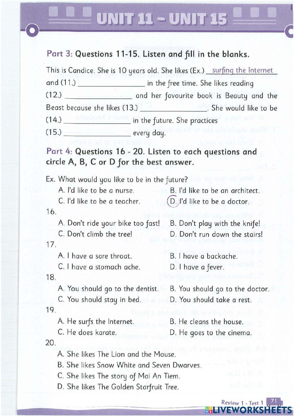 LỚP 5-REVIEW UNIT 11-15-LISTENING