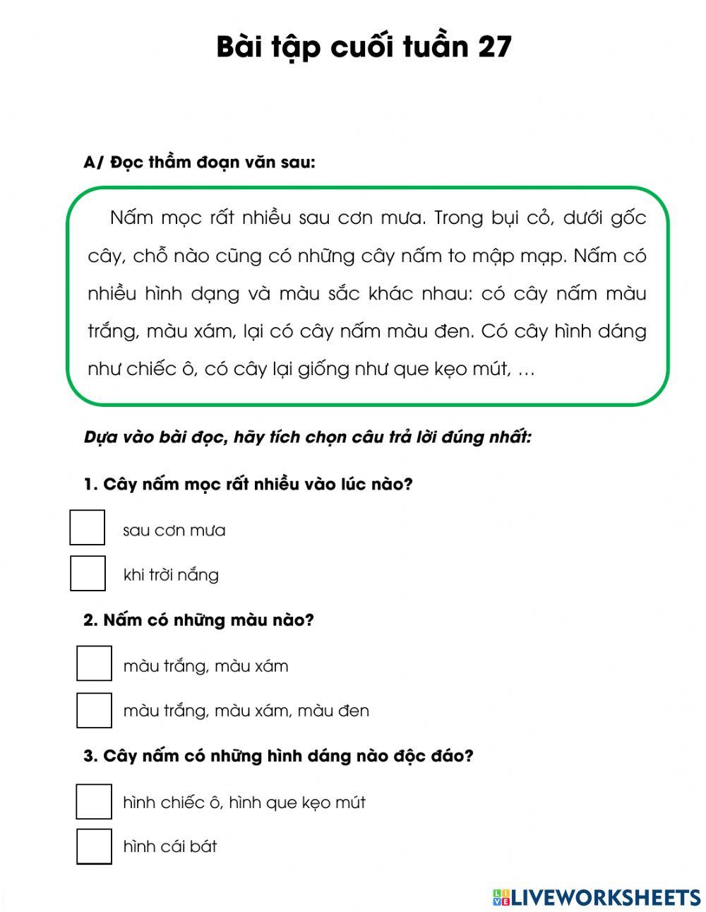 Phiếu cuối tuần 27 - môn Tiếng việt