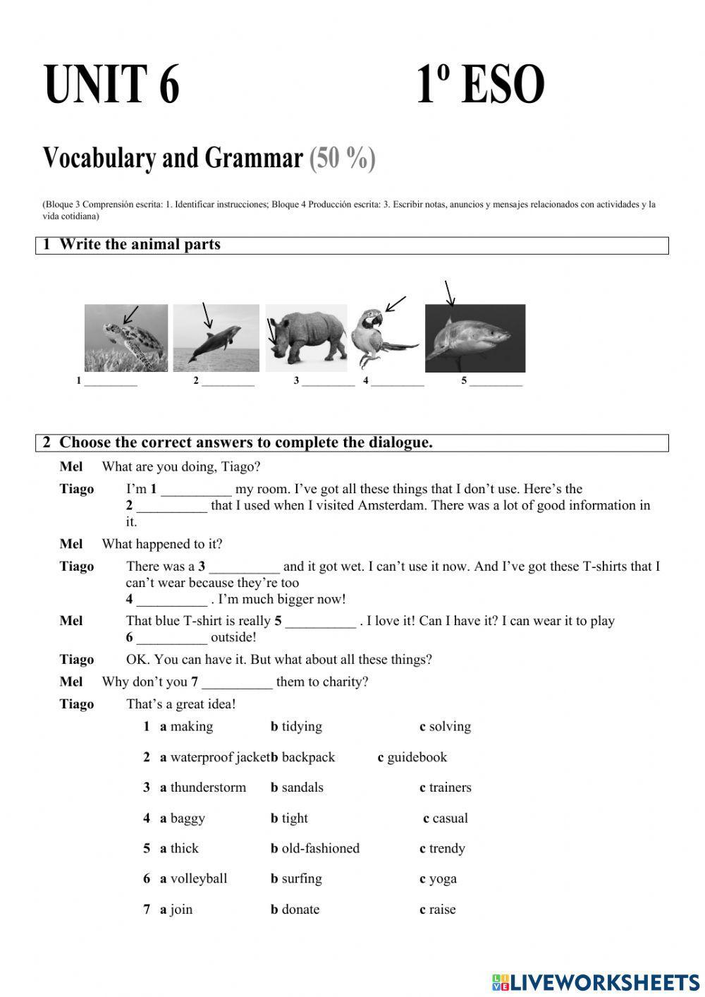 Exam G-V - Unit 6 - 1 eso
