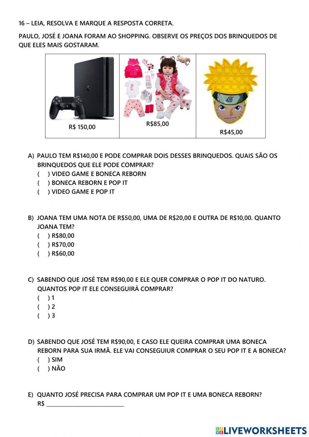 Problemas de matemática - adição e subtração