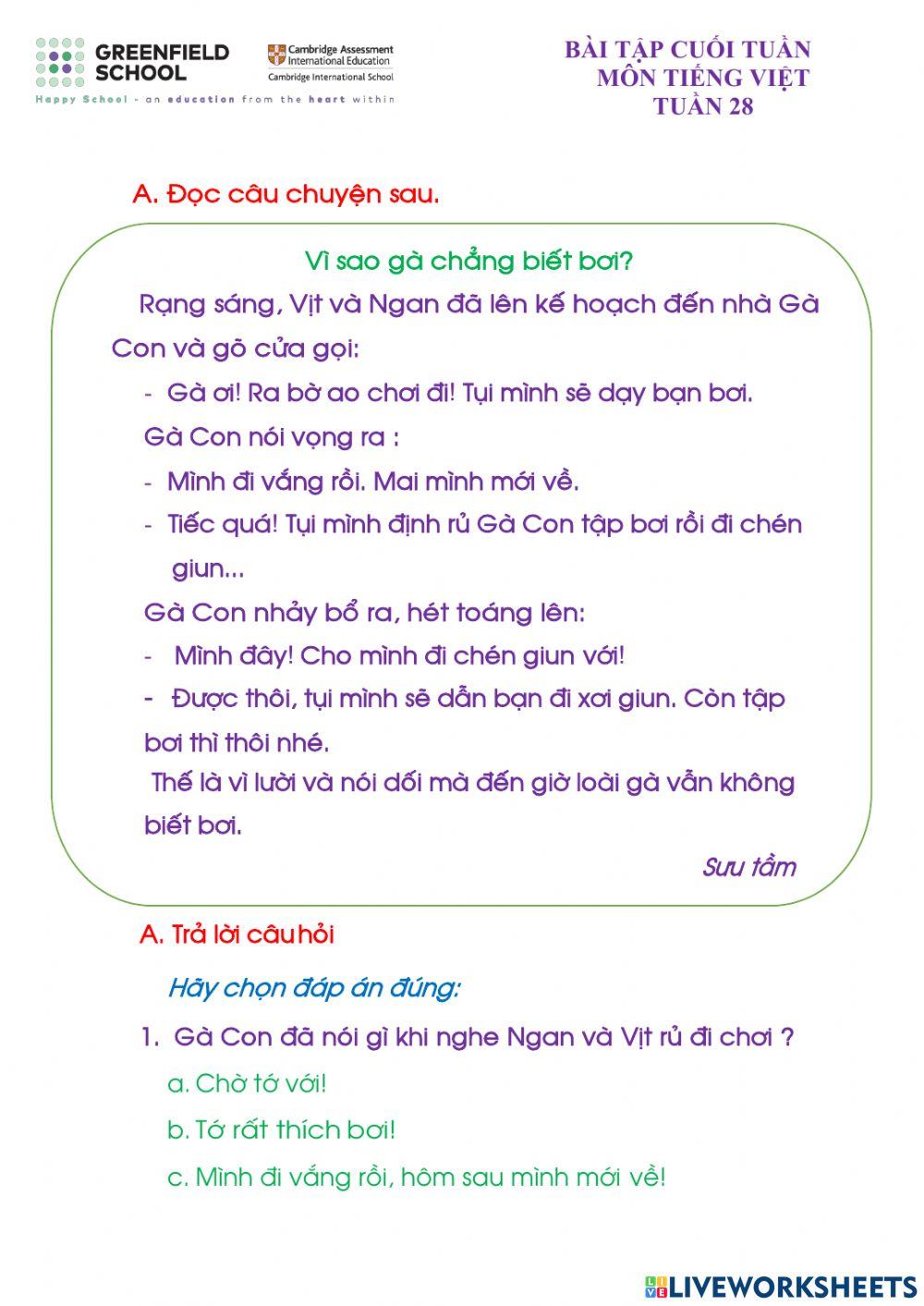 Bài tập cuối tuần Tiếng Việt - Tuần 28