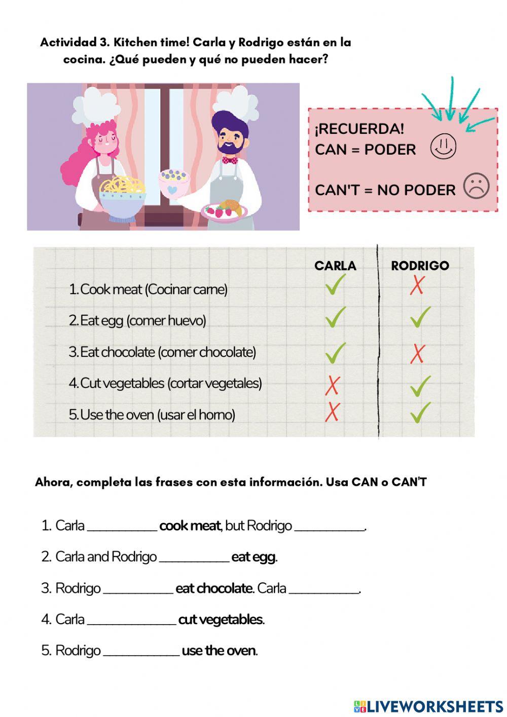 Food vocabulary + Can-can't (Ejercicios adaptados)