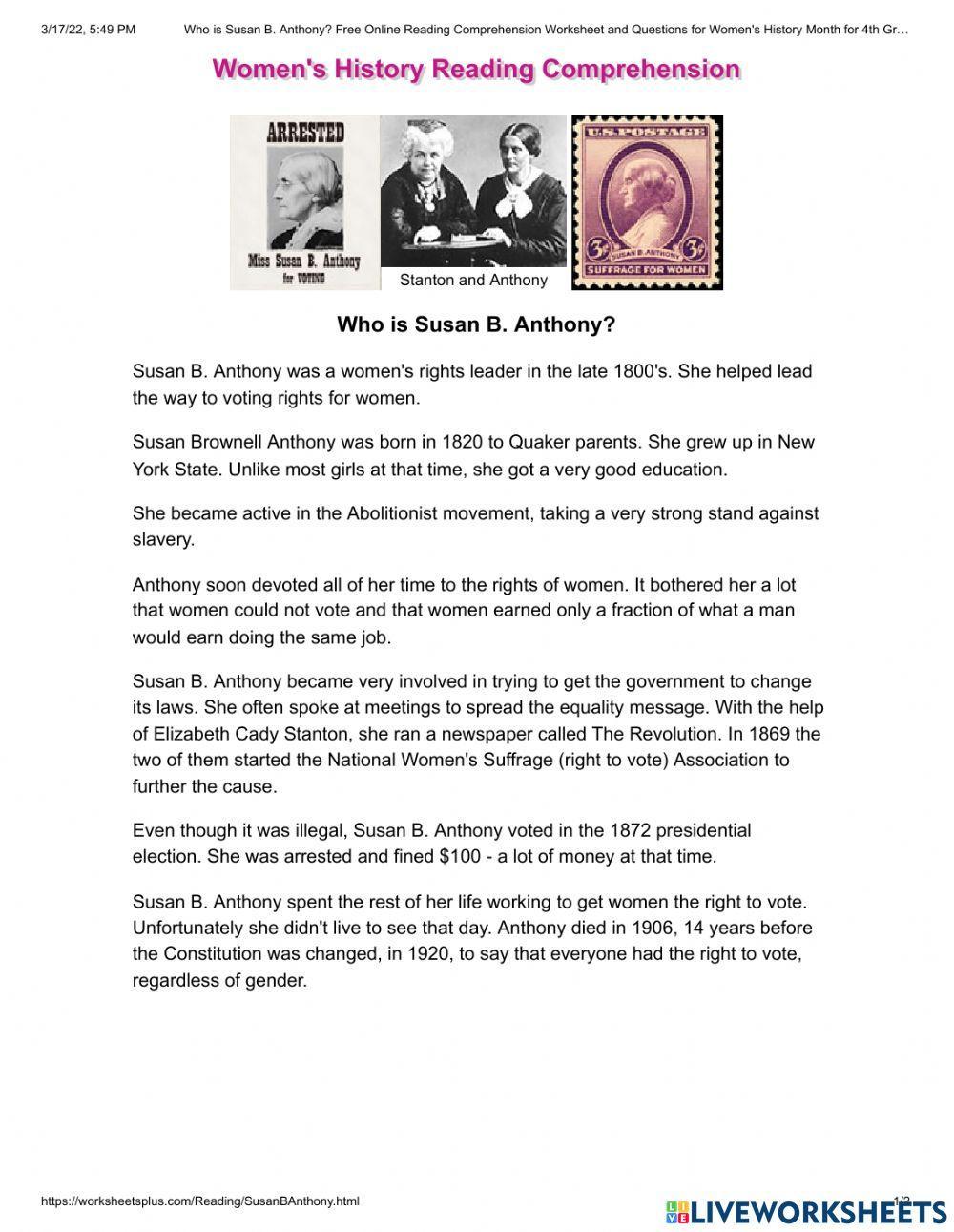 Susan b anthony interactive worksheet Live Worksheets