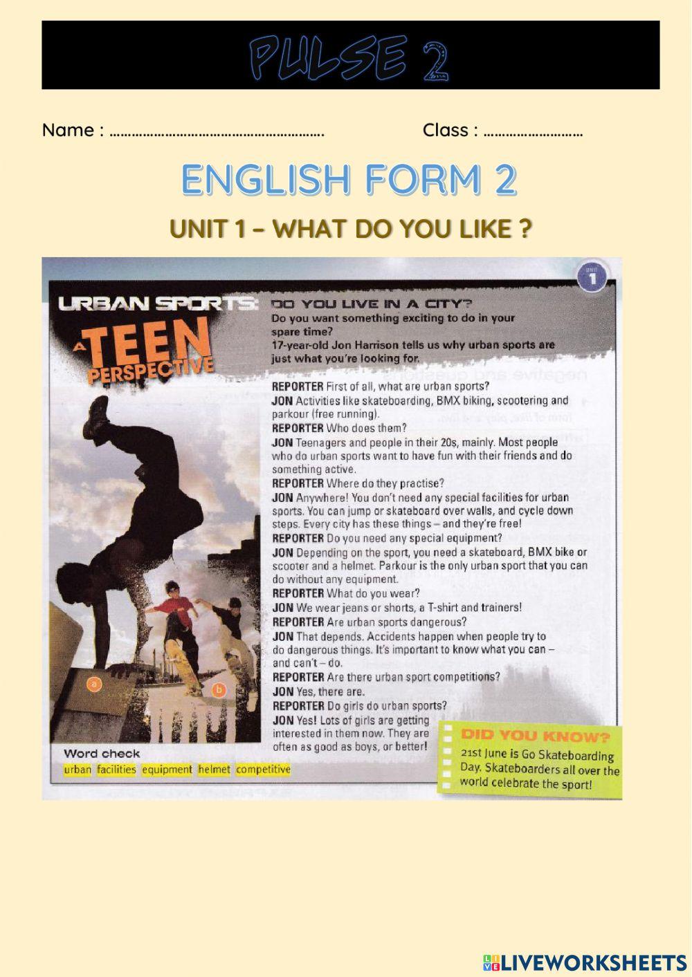 Pulse unit 1 reading comprehension