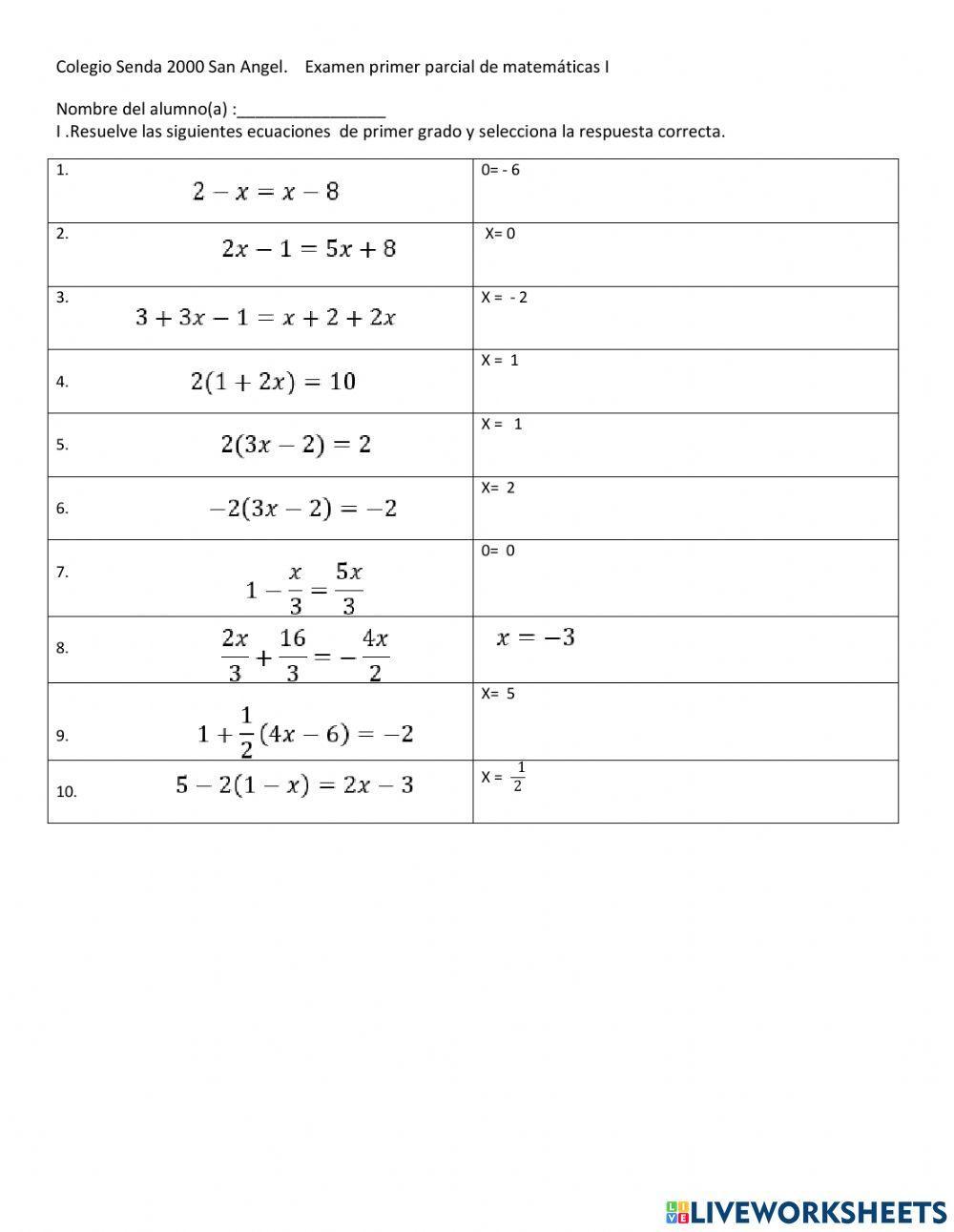 Examen primer parcial de matemáticas I