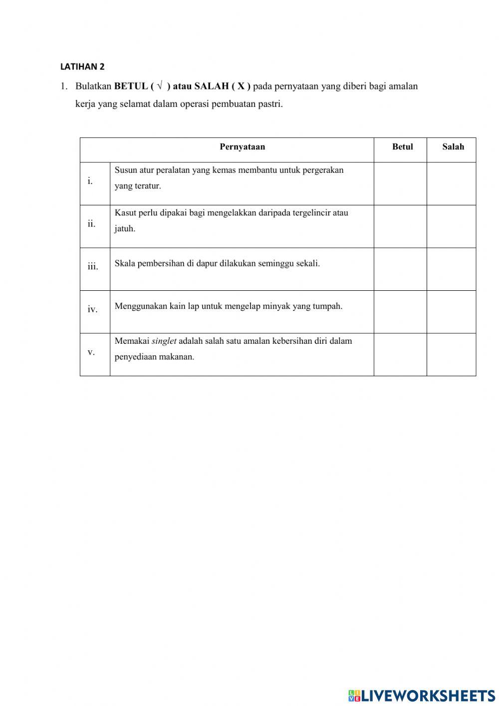 Latihan 2 : Identify Safety, Health and Hygiene Practices Requirements