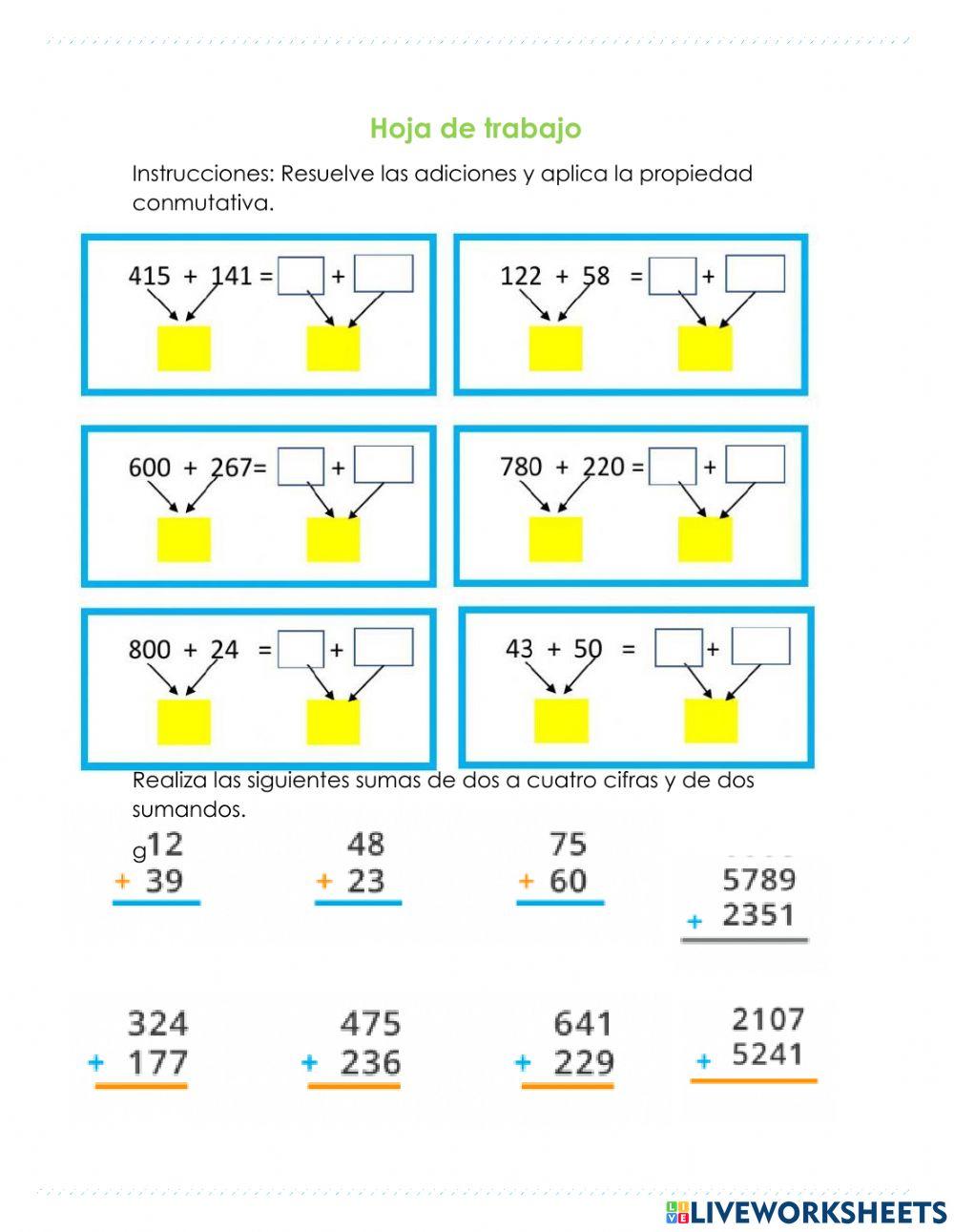 Propiedad Conmutativa y suma de tres y cuatro cifras