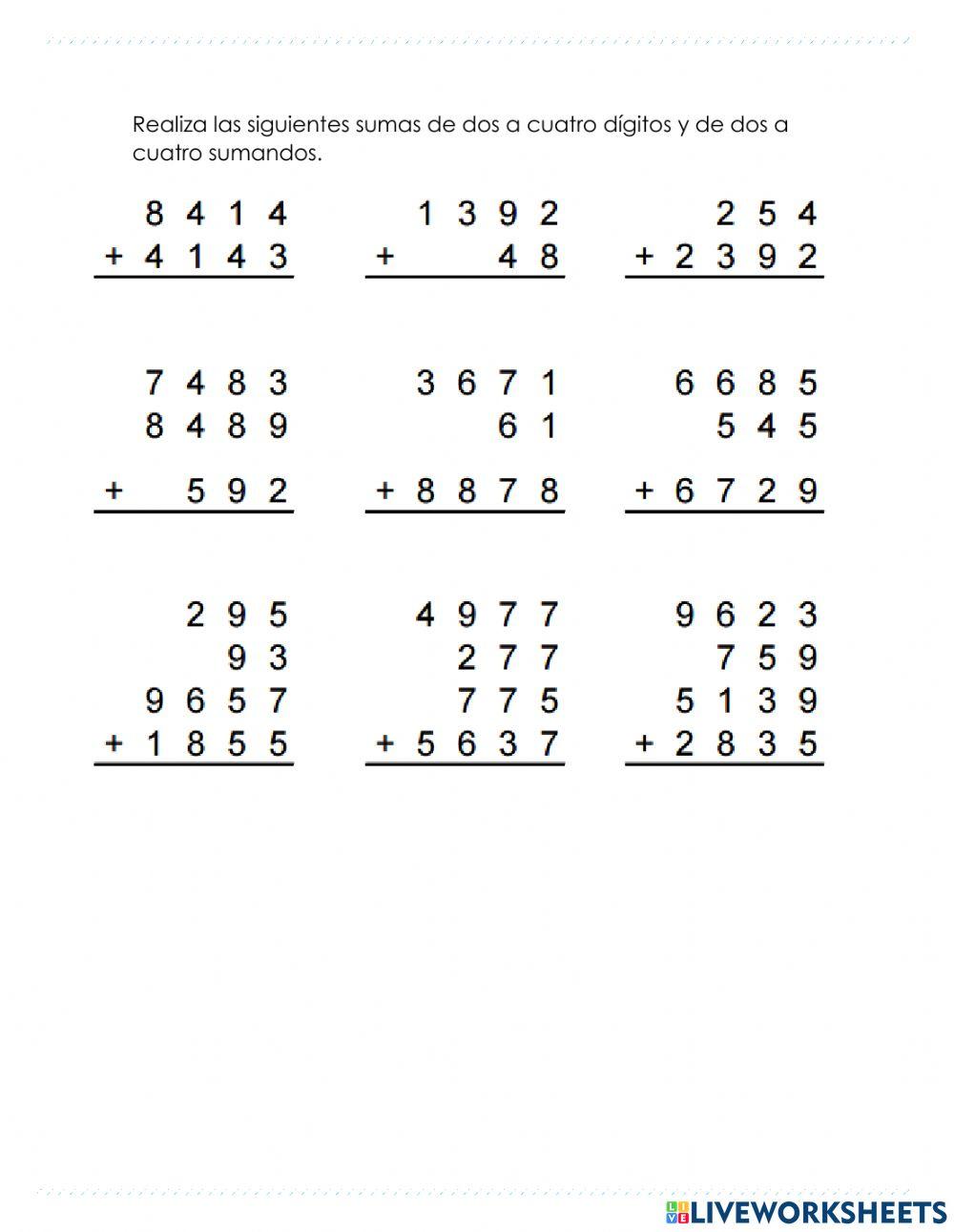 Propiedad Conmutativa y suma de tres y cuatro cifras