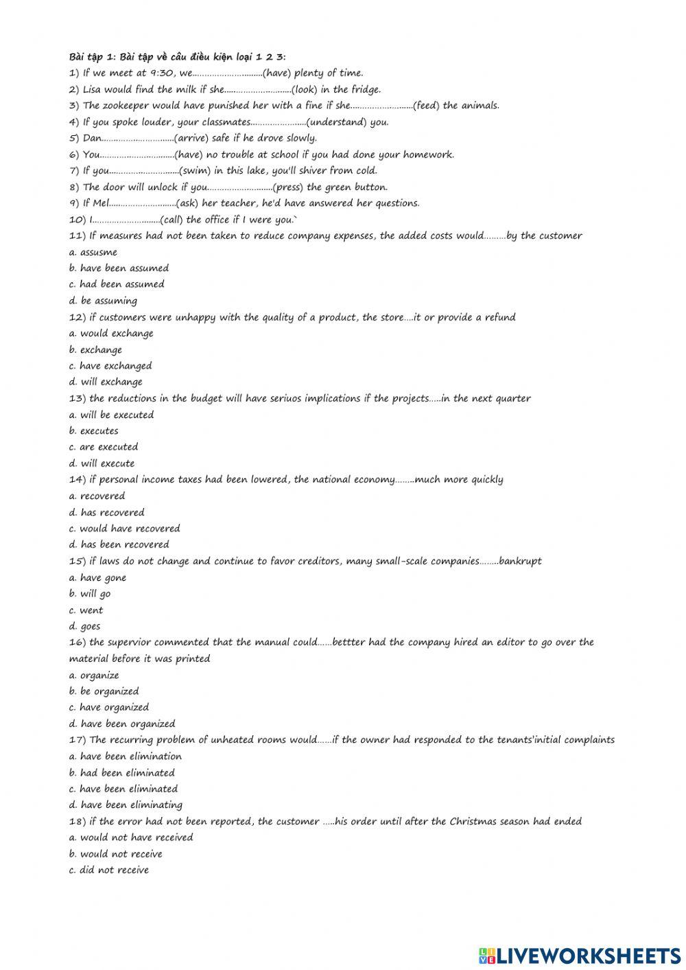 Condition sentences interactive worksheet