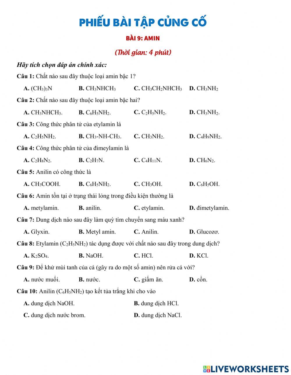 Bài tập củng cố bài 9: Amin