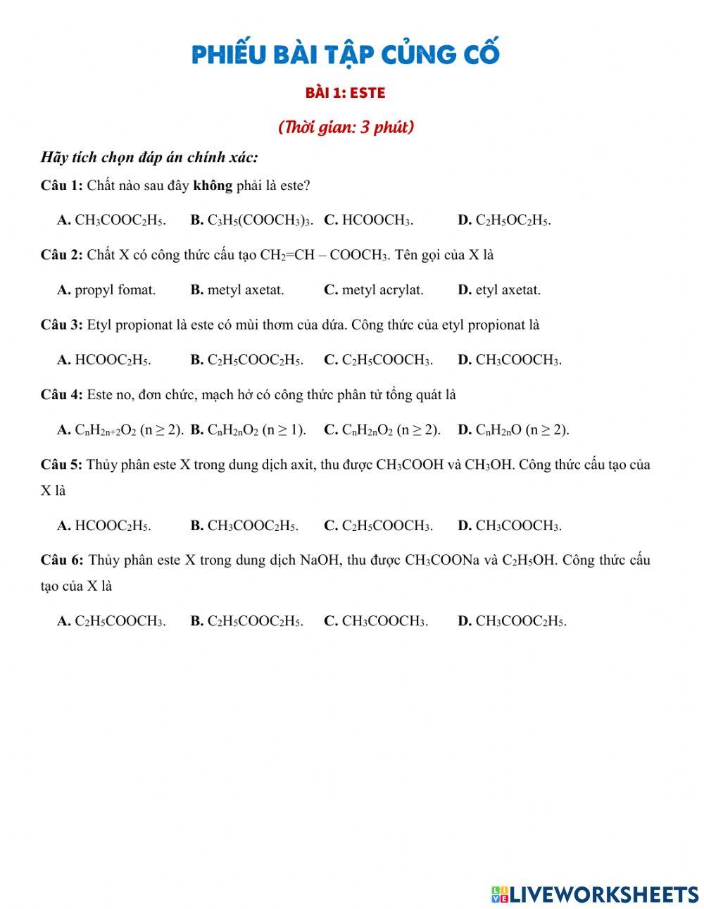 Phiếu bài tập củng cố bài este
