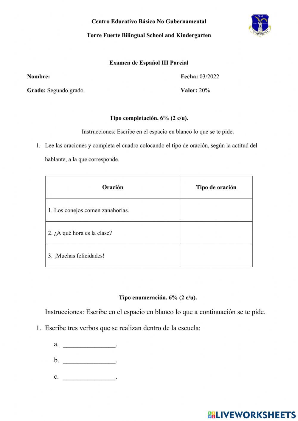 Examen de Español 2°