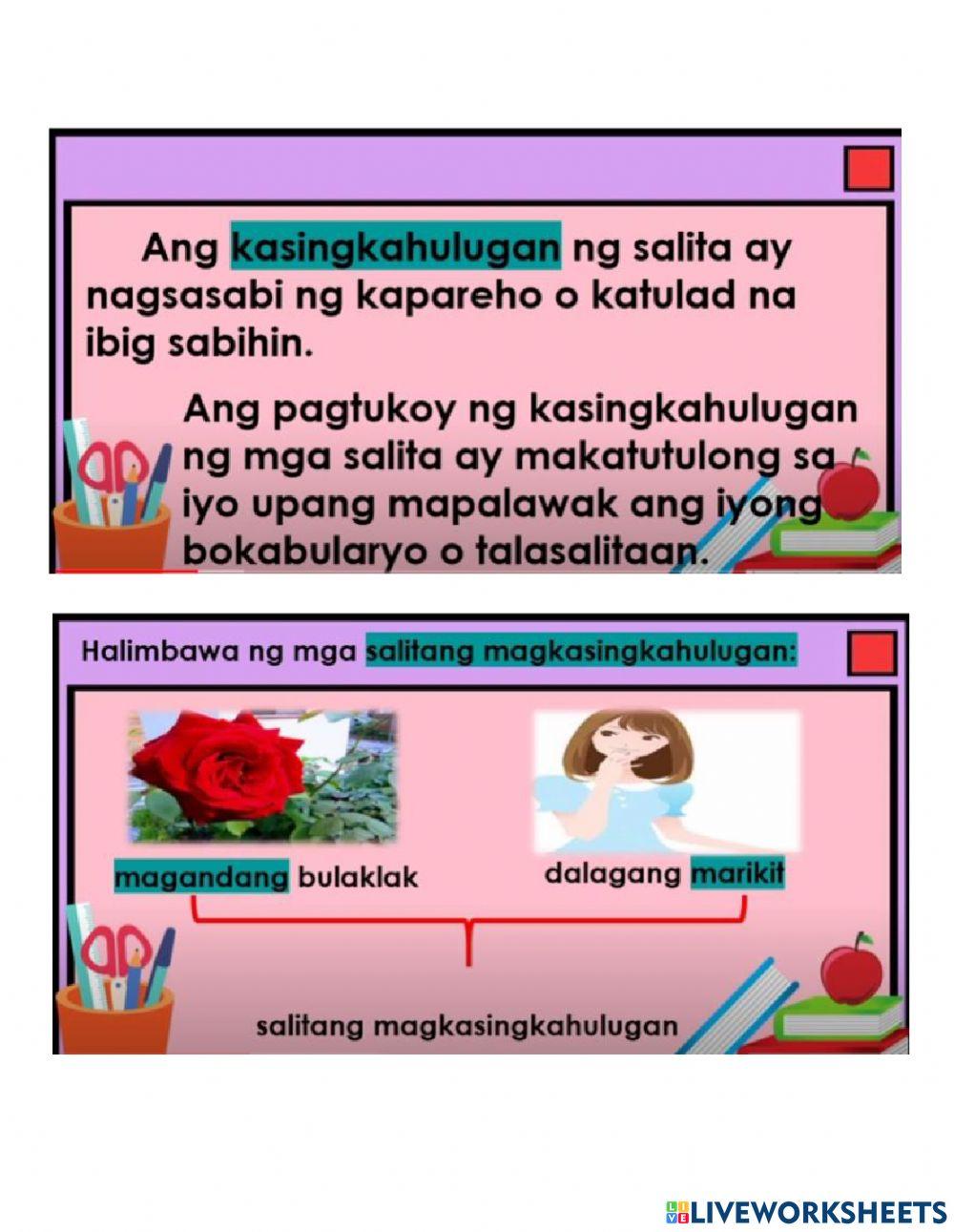 Pagtukoy ng kahulugan ng salita batay sa kasingkahulugan worksheet