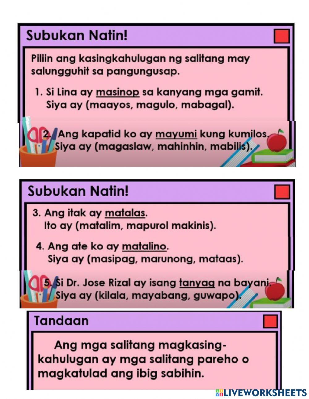 Pagtukoy ng kahulugan ng salita batay sa kasingkahulugan