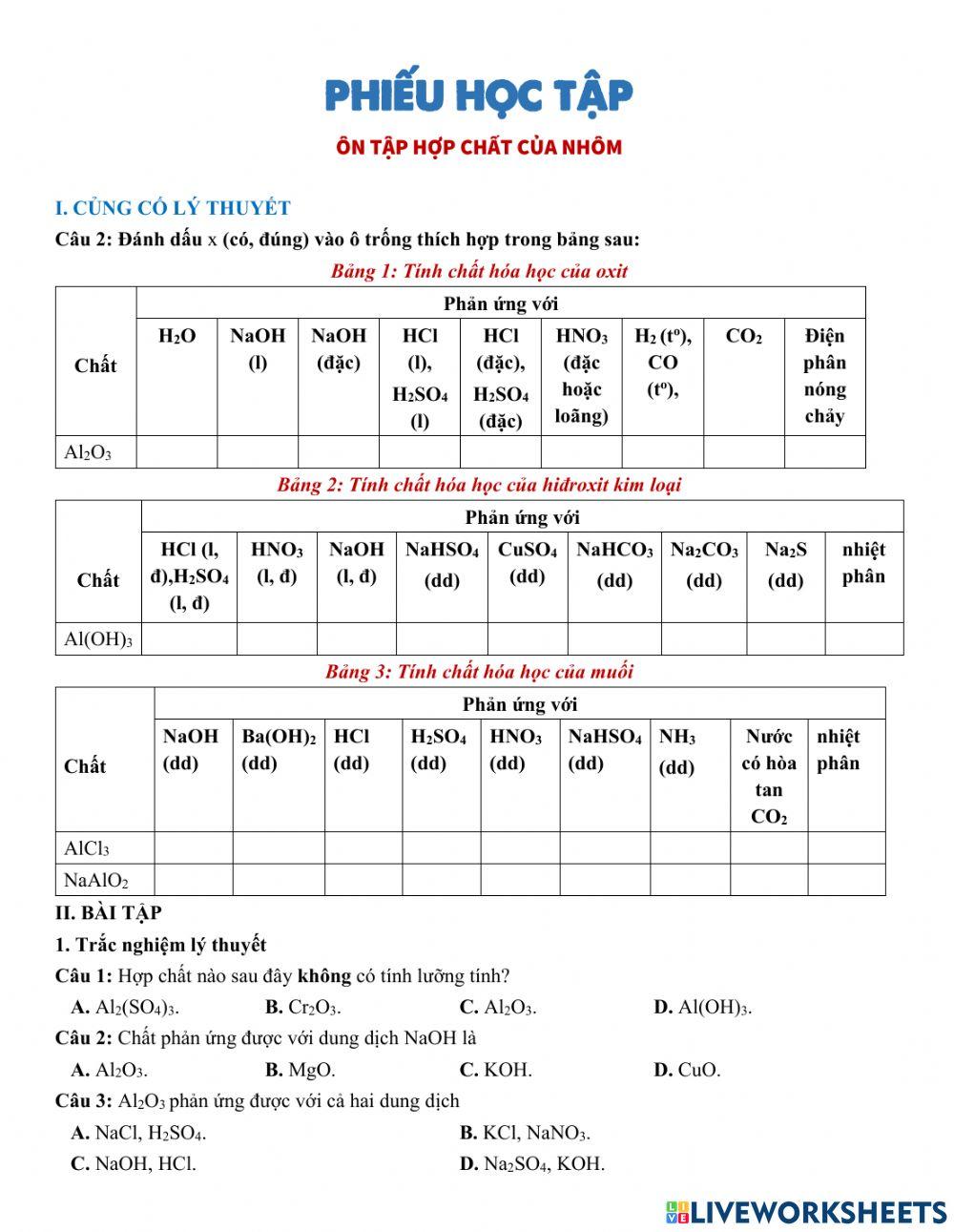 Phiếu bài tập ôn tập hợp chất của nhôm