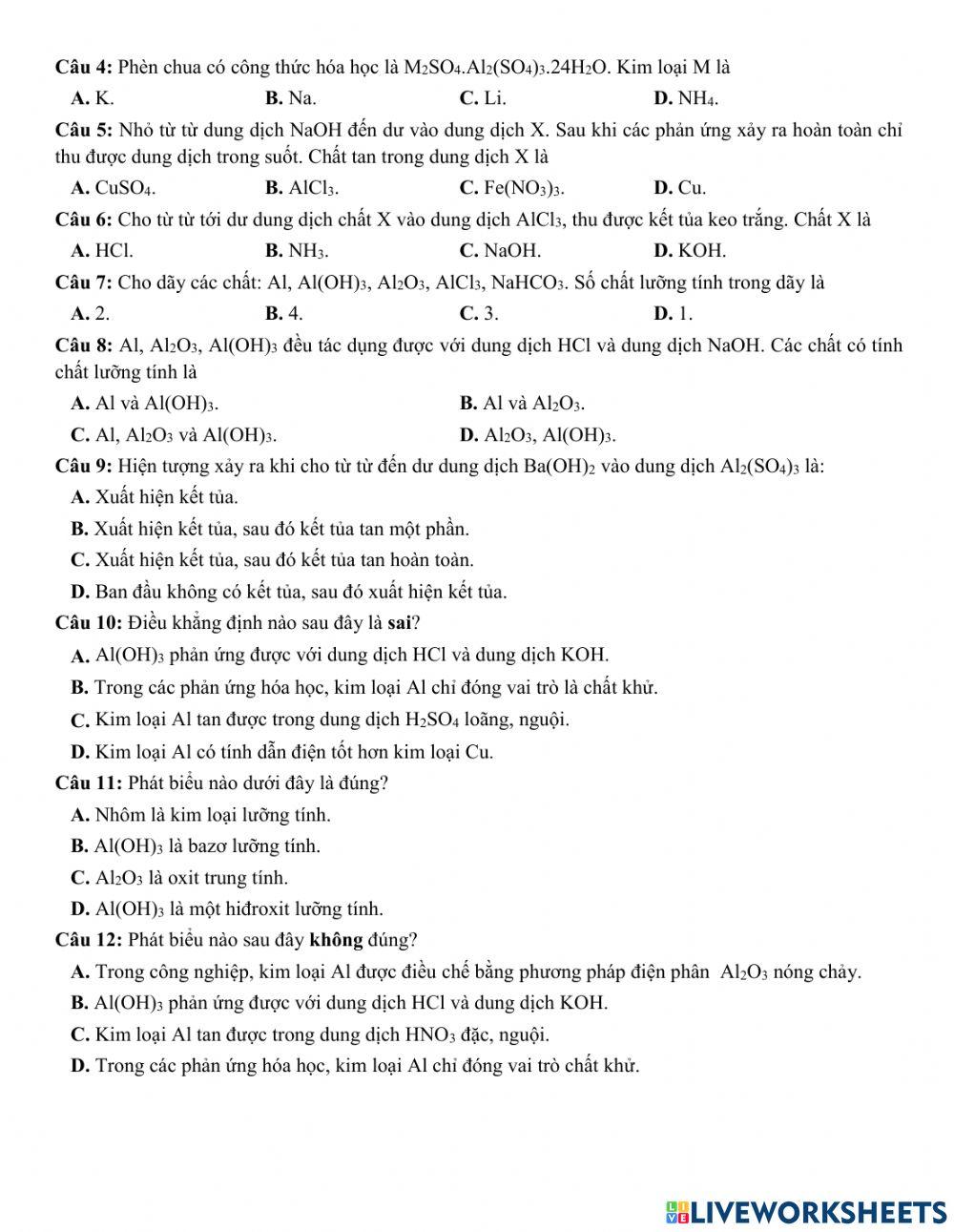 Phiếu bài tập ôn tập hợp chất của nhôm