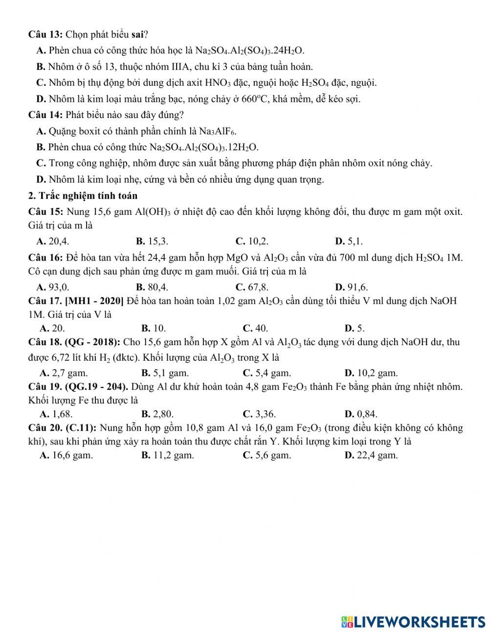 Phiếu bài tập ôn tập hợp chất của nhôm