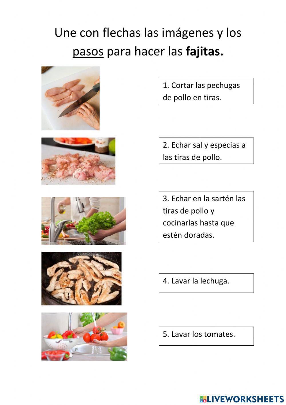Une con flechas las imágenes y los pasos para hacer fajitas.
