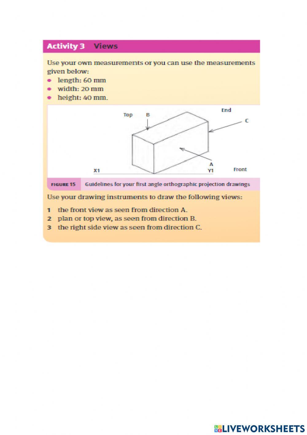 3d objects drawing in orthographic projection with instruments