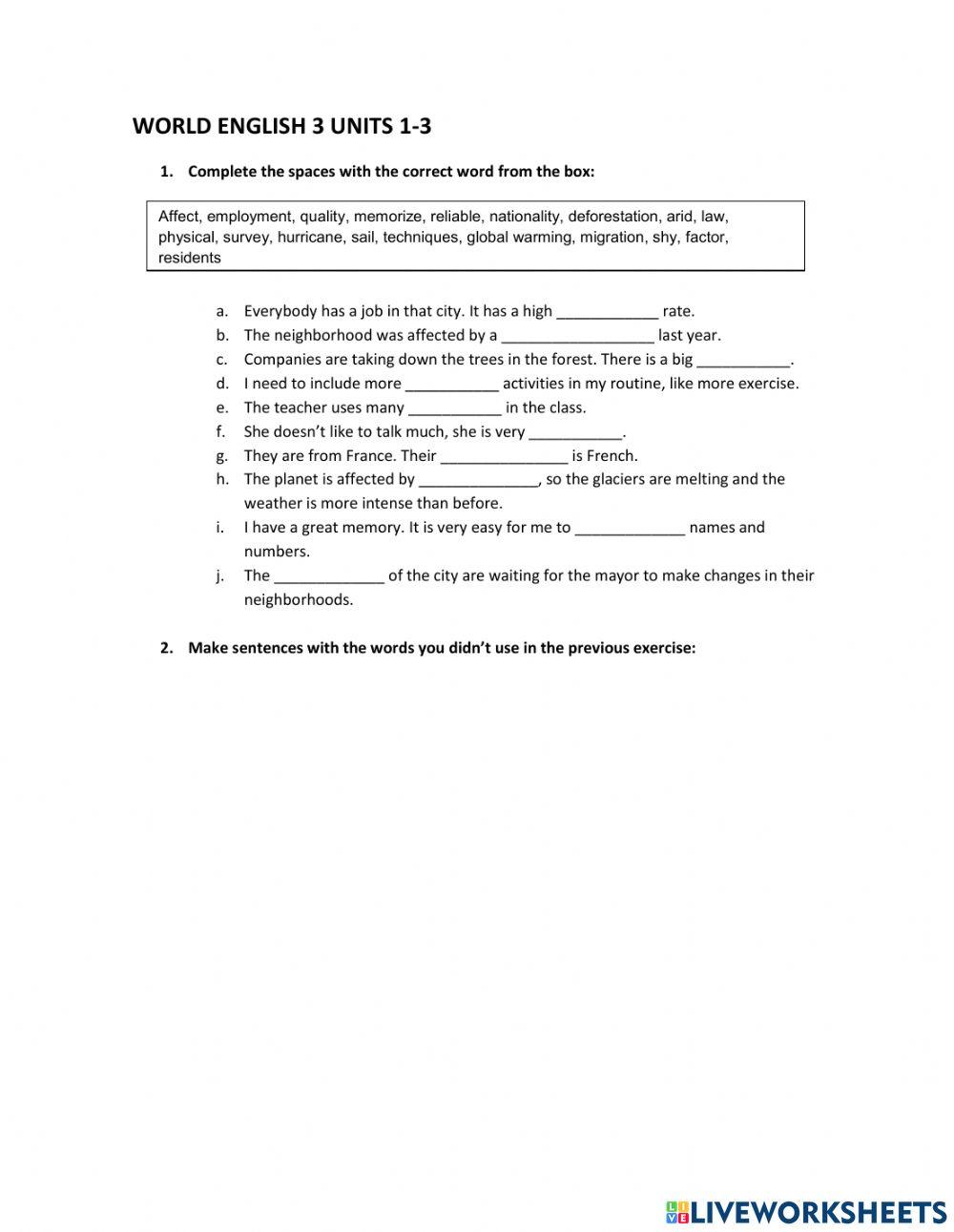 Vocabulary review World English 3 1-3