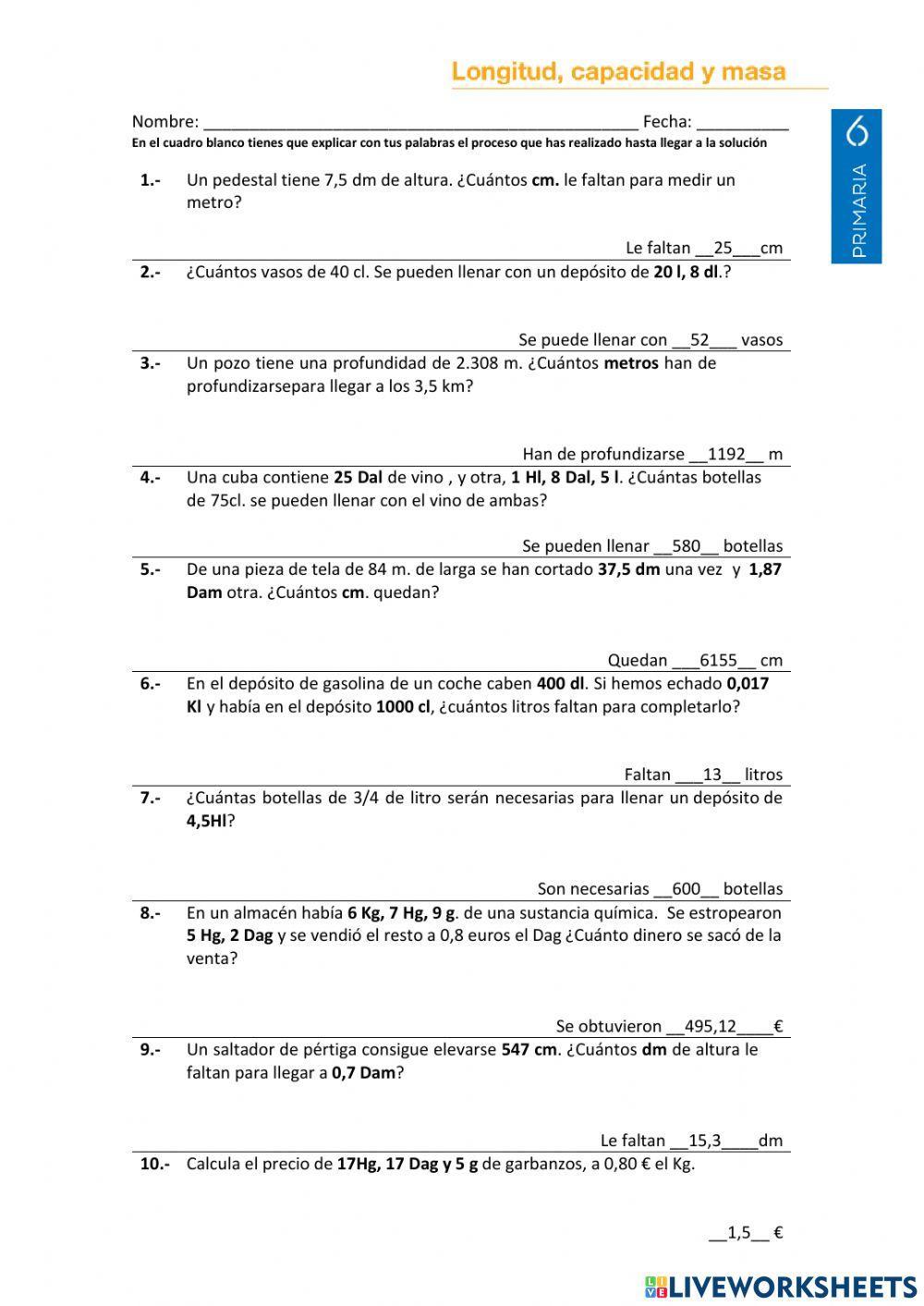 Problemas de longitud, capacidad y masa