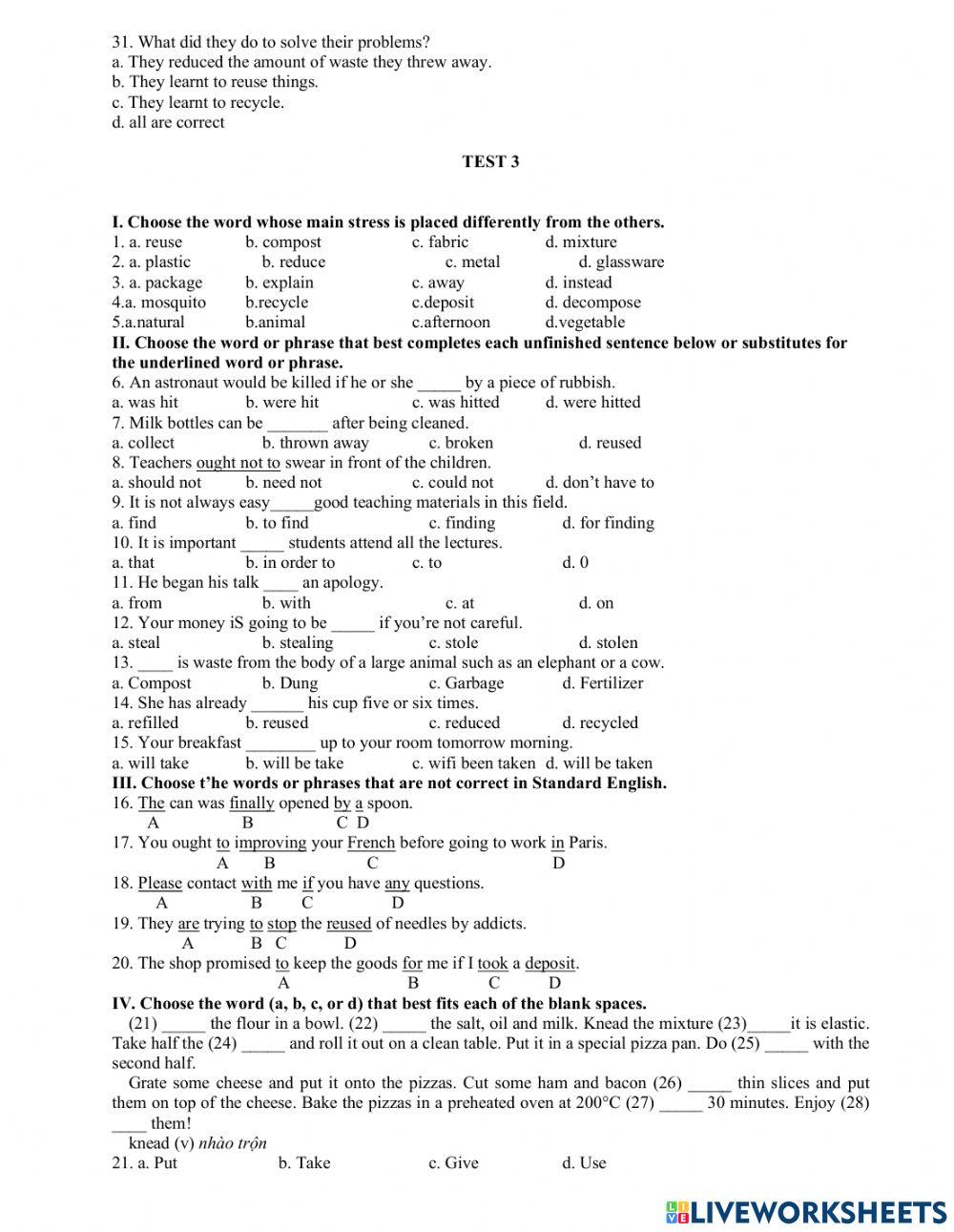Trắc nghiệm tiếng anh 8 unit 10-11