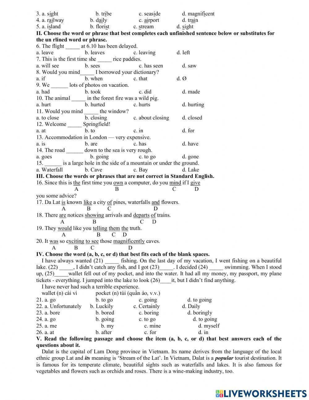 Trắc nghiệm tiếng anh 8 unit 10-11