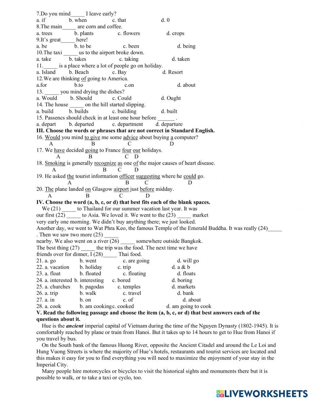 Trắc nghiệm tiếng anh 8 unit 10-11