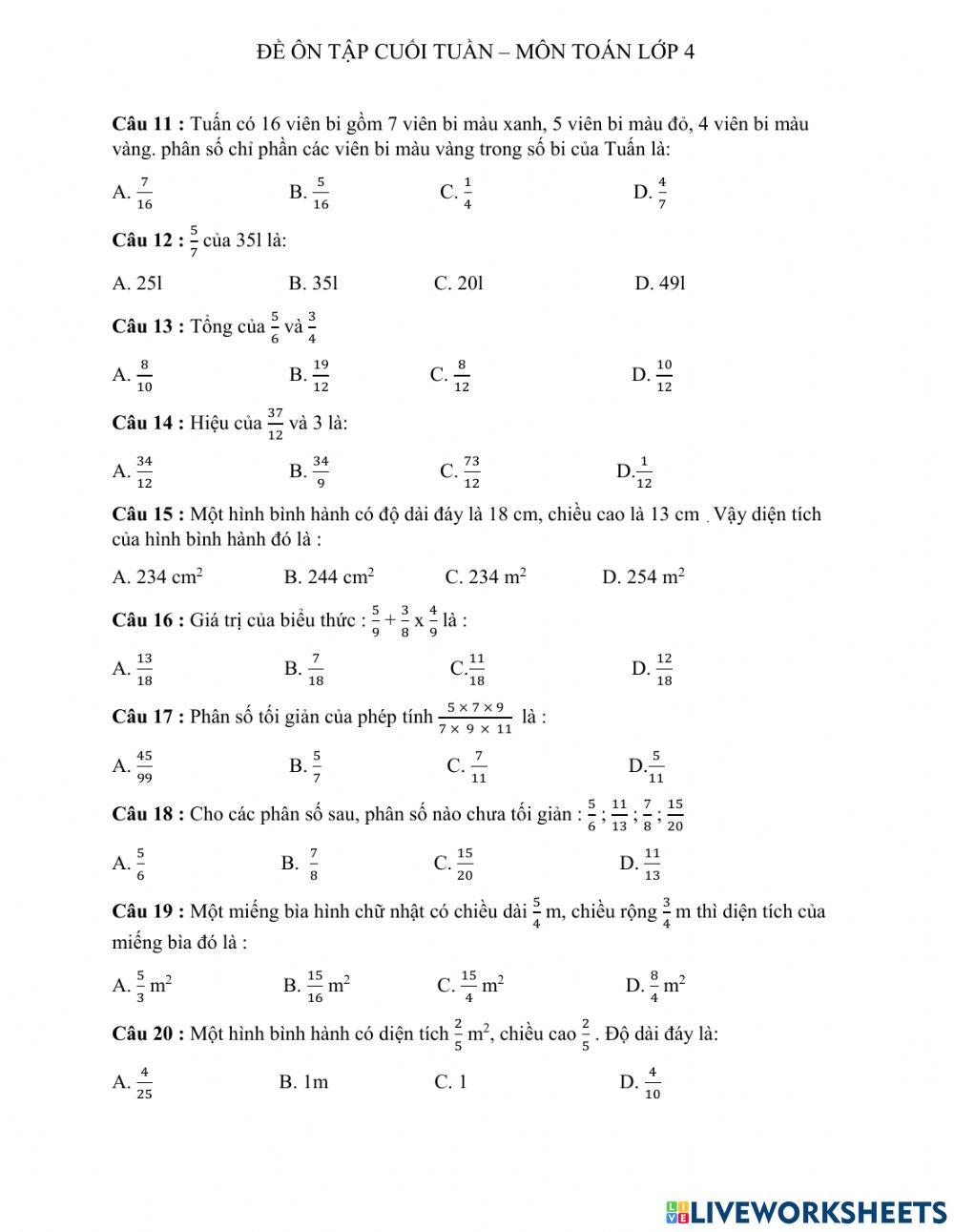 Đề ôn tập Toán 4 - Tuần 27