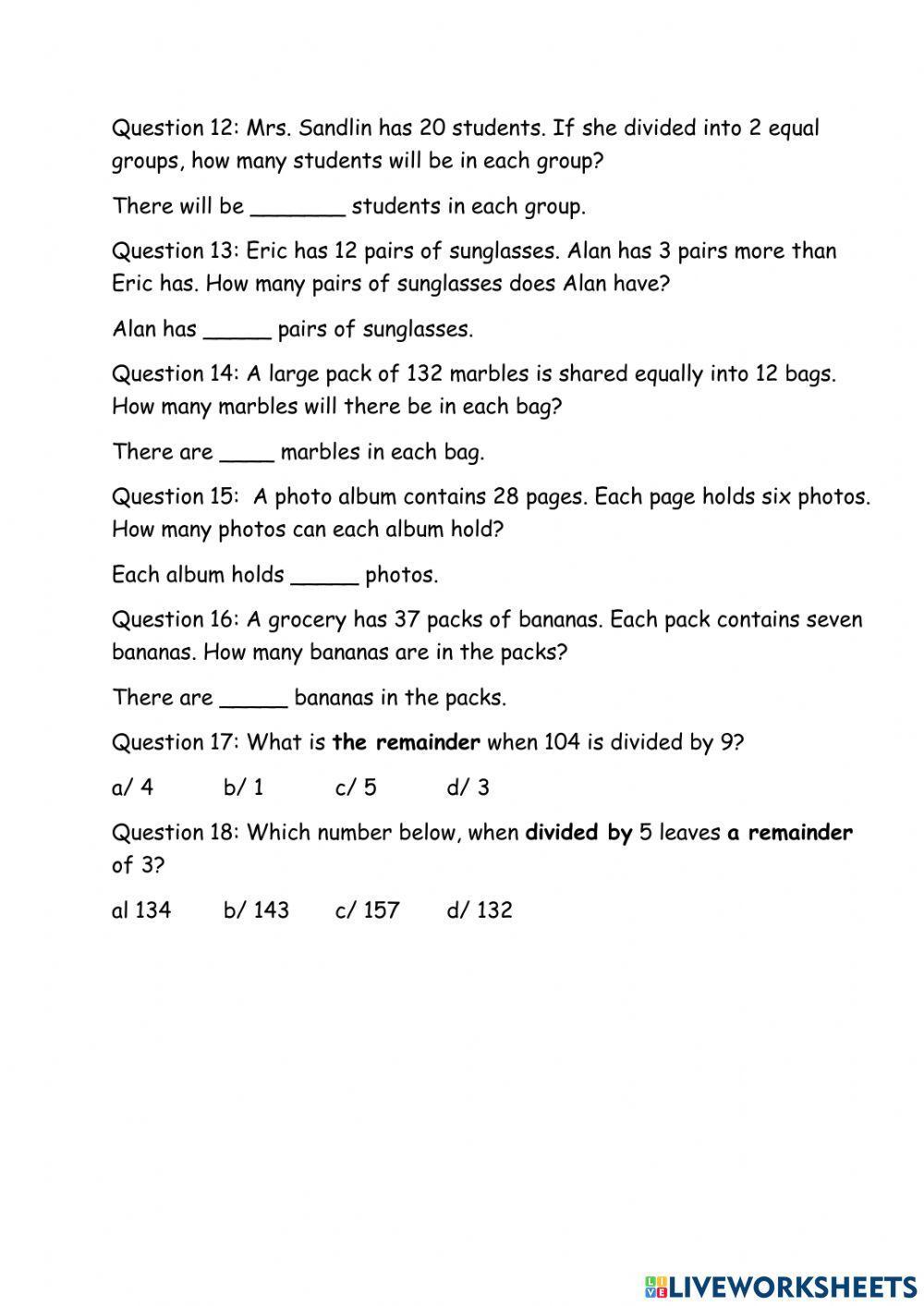 Grade 3 - Maths - Multiplication & Division