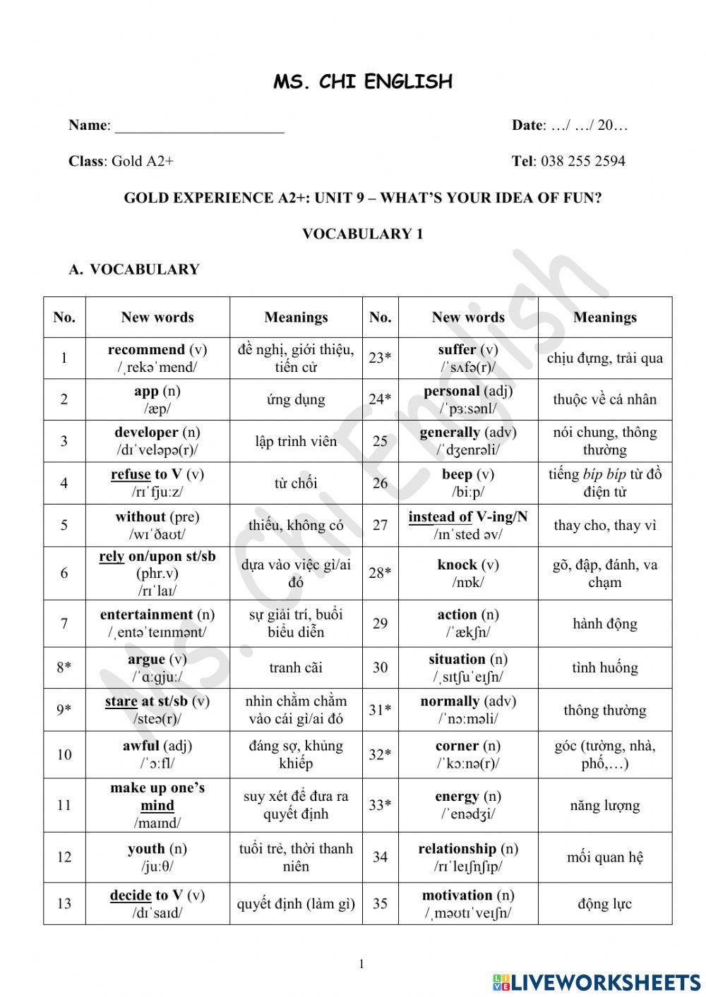 28.03.22- Gold A2+- U9: Vocab 1