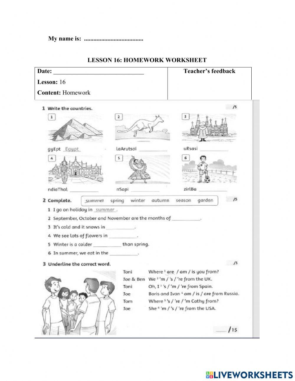 Lesson 16 Homework worksheet | Live Worksheets