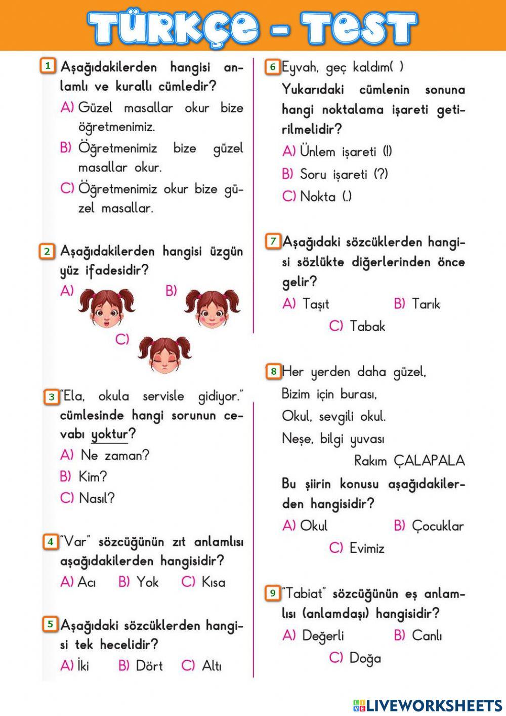 Türkçe Kazanım Değerlendirme Testi