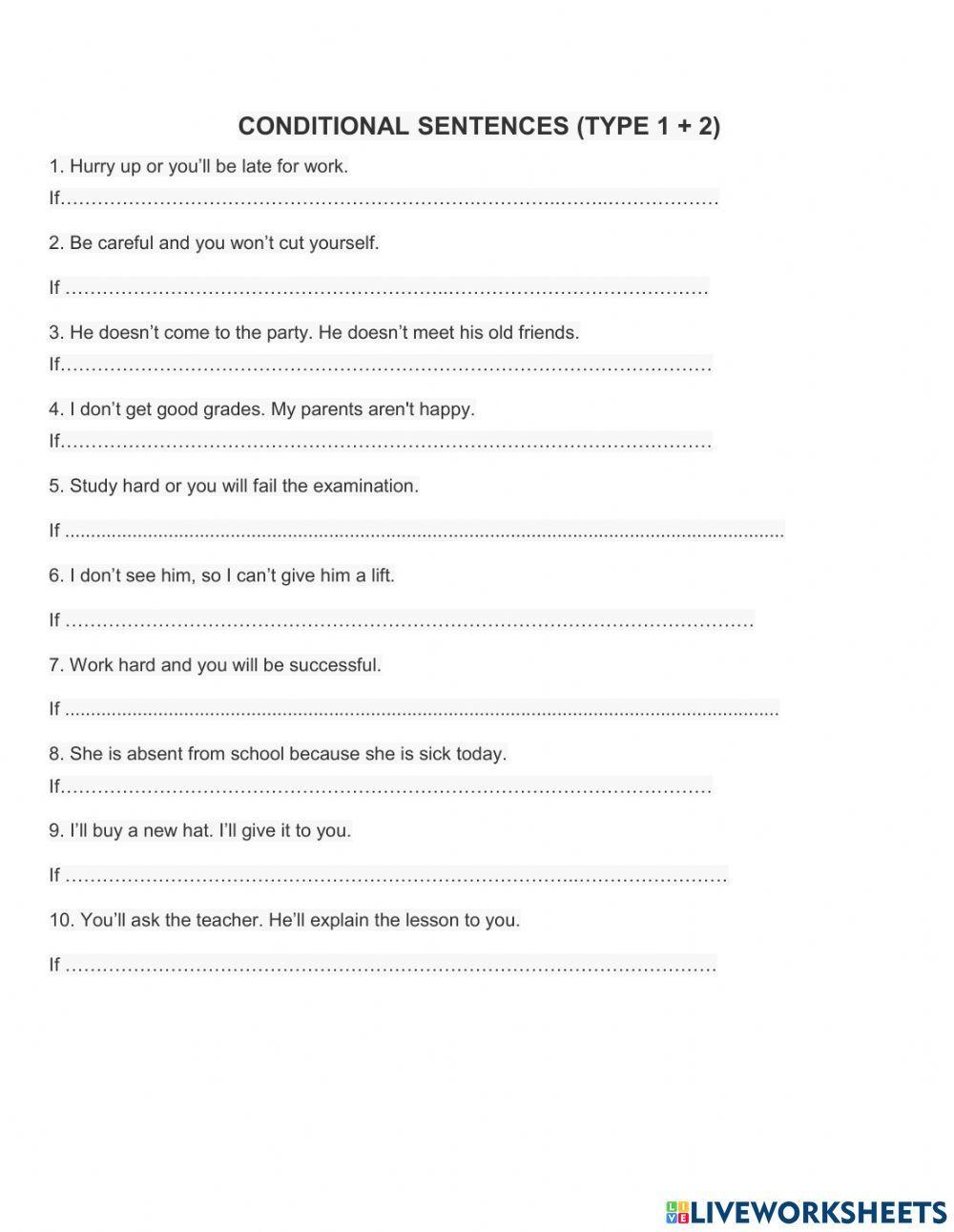 Conditional sentences type 1 and 2 worksheets