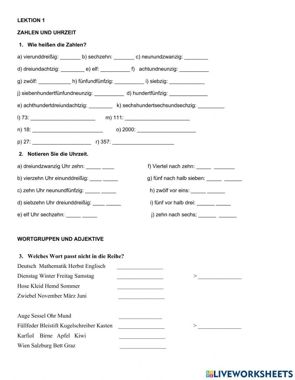 Zahlen, Wortgruppen und Adjektive