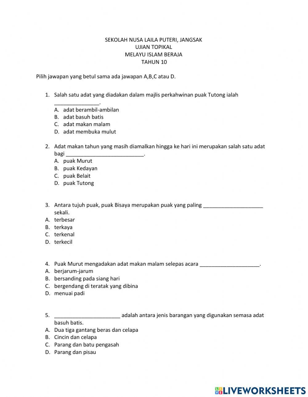 Ujian Topikal Melayu Islam Beraja Tahun 10