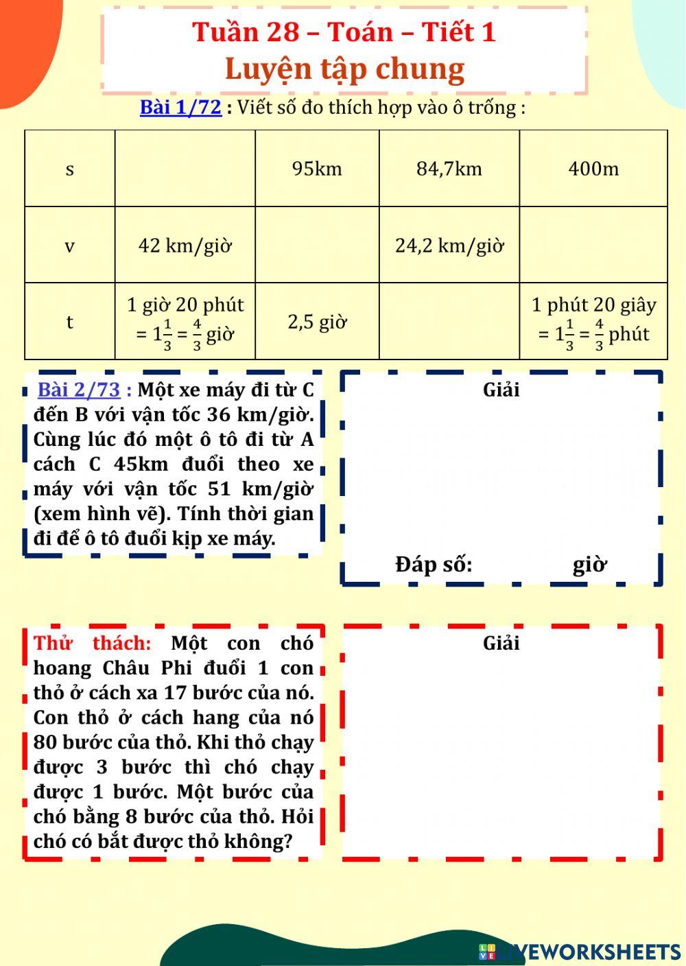 Tuần 28 - Toán 1 - Luyện tập chung