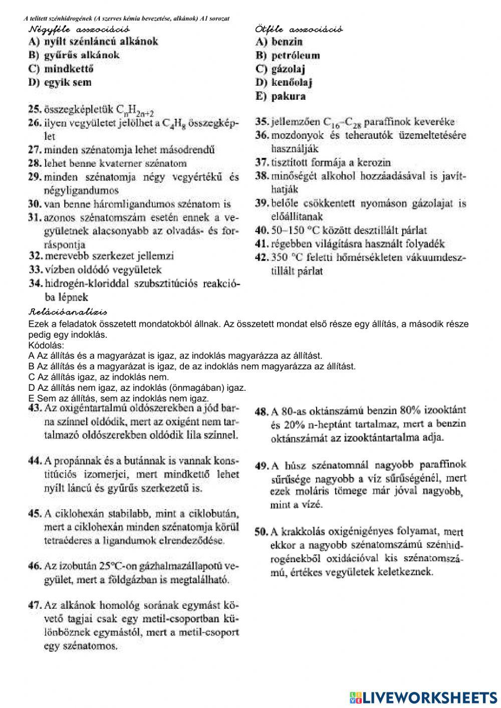 Szerves kémia A-1 teszt