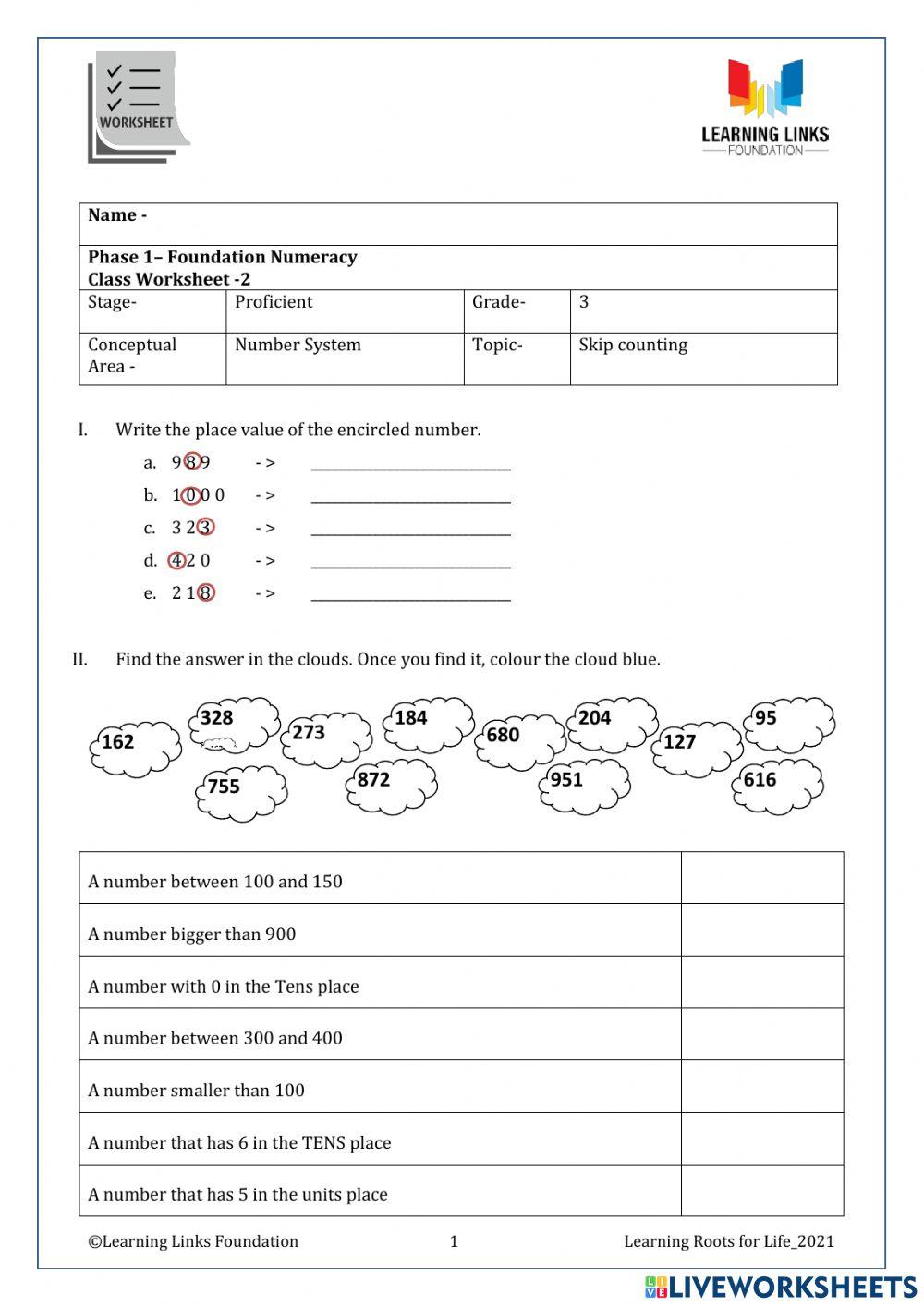 Phase 1– Foundation Numeracy Class Worksheet -2