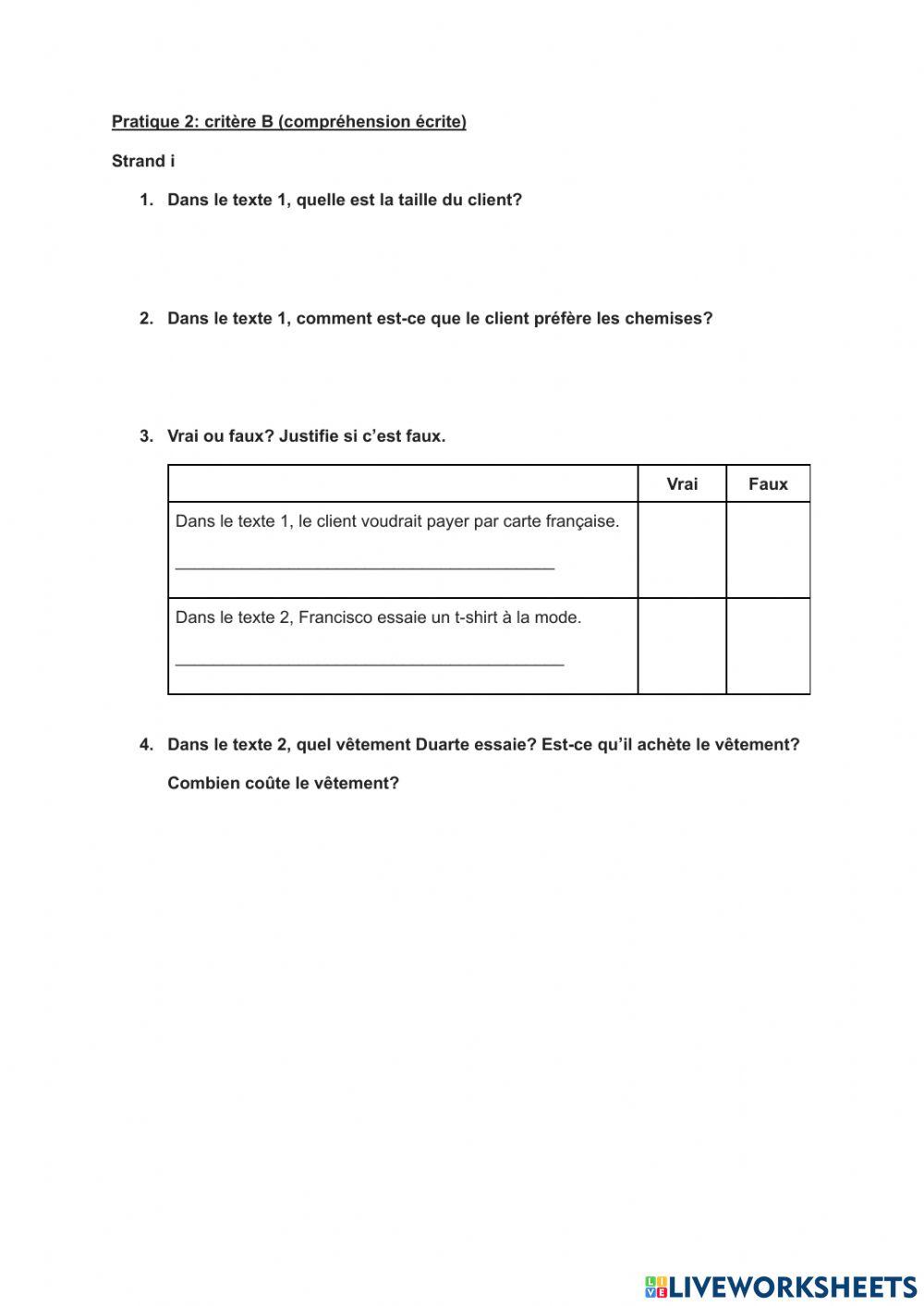 Reading comprehension (shopping)