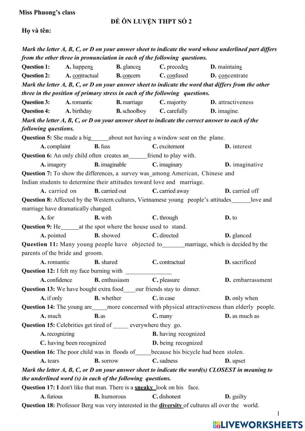 Đề ôn luyện THPT số 2
