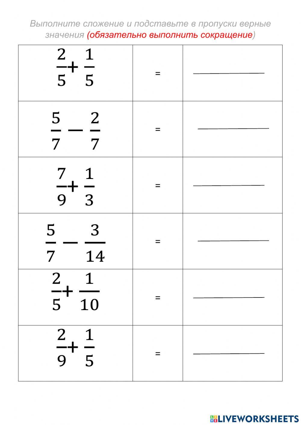 Сложение и вычитание дробей. Контрольная работа