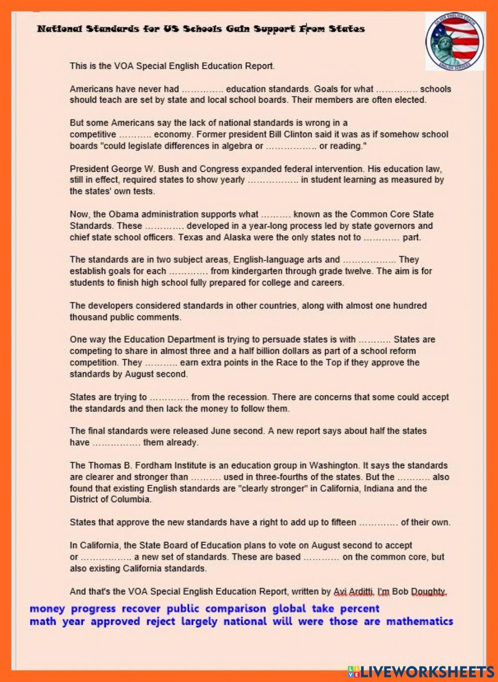 National standards for us school going support from states