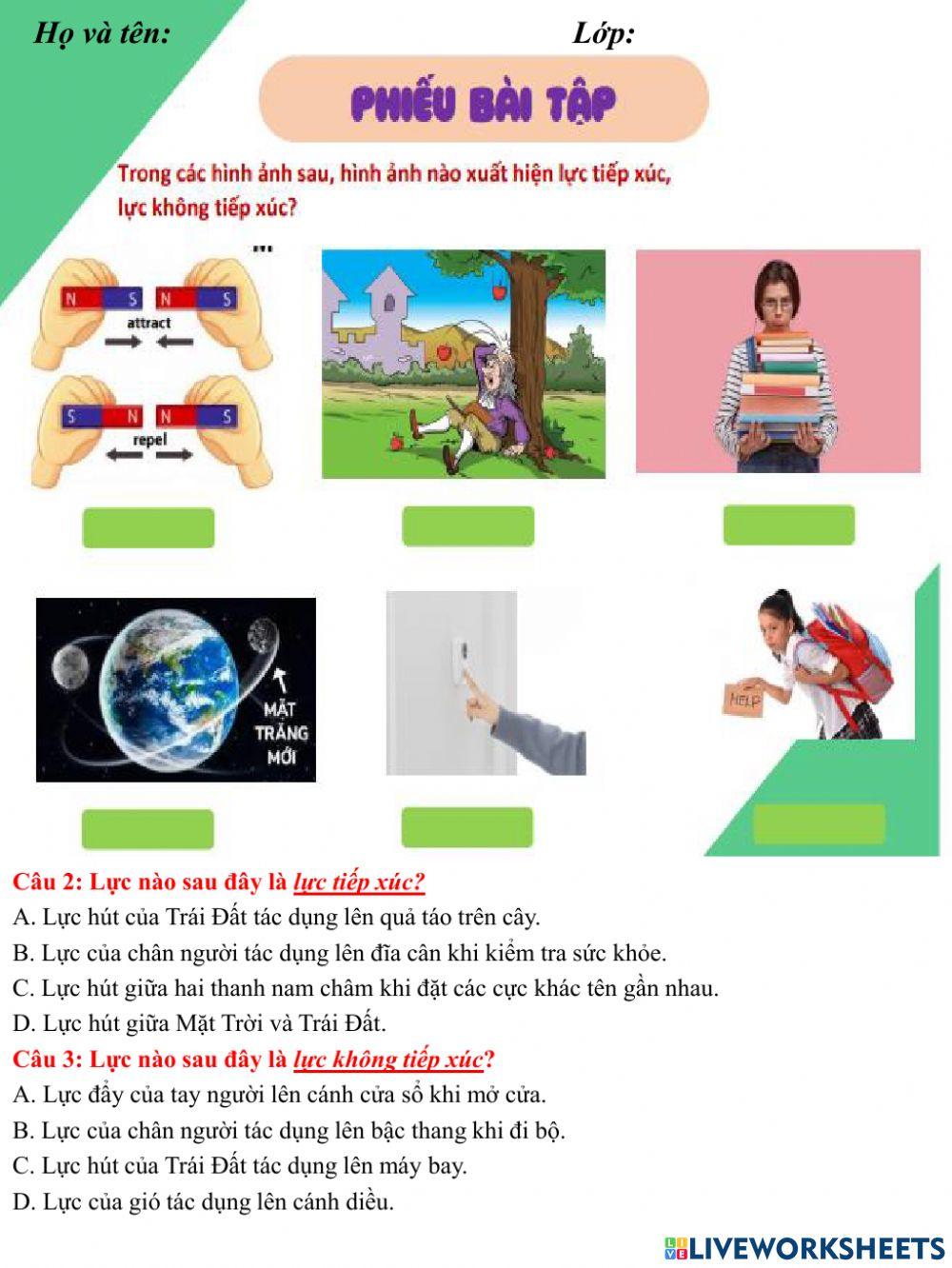 Phiếu bài tập lực tiếp xúc và lực không tiếp xúc