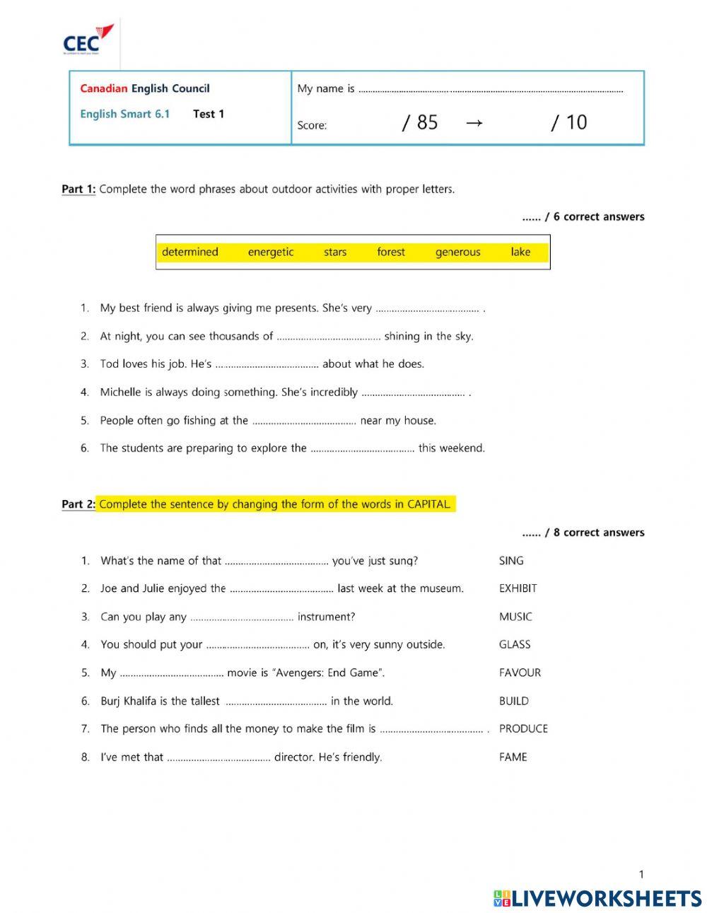 ES6.1 - TEST 1 - GRAMMAR - READING - LISTENING