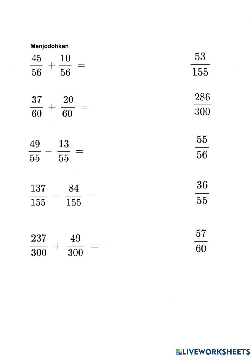 Penjumlaahaan pengurangan berpenyebut sama