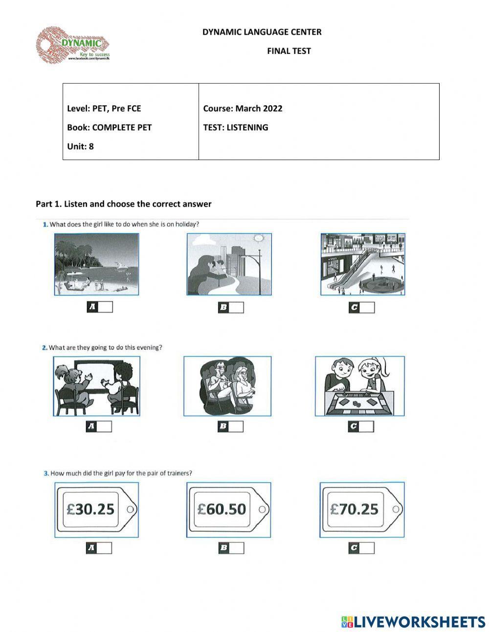 FINAL TEST - Unit 8 Complete Pet - Listening