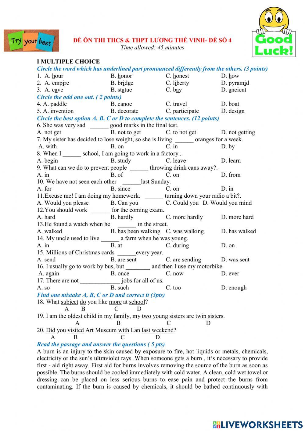 Ôn thi chuyên 6 Test 4 LTV