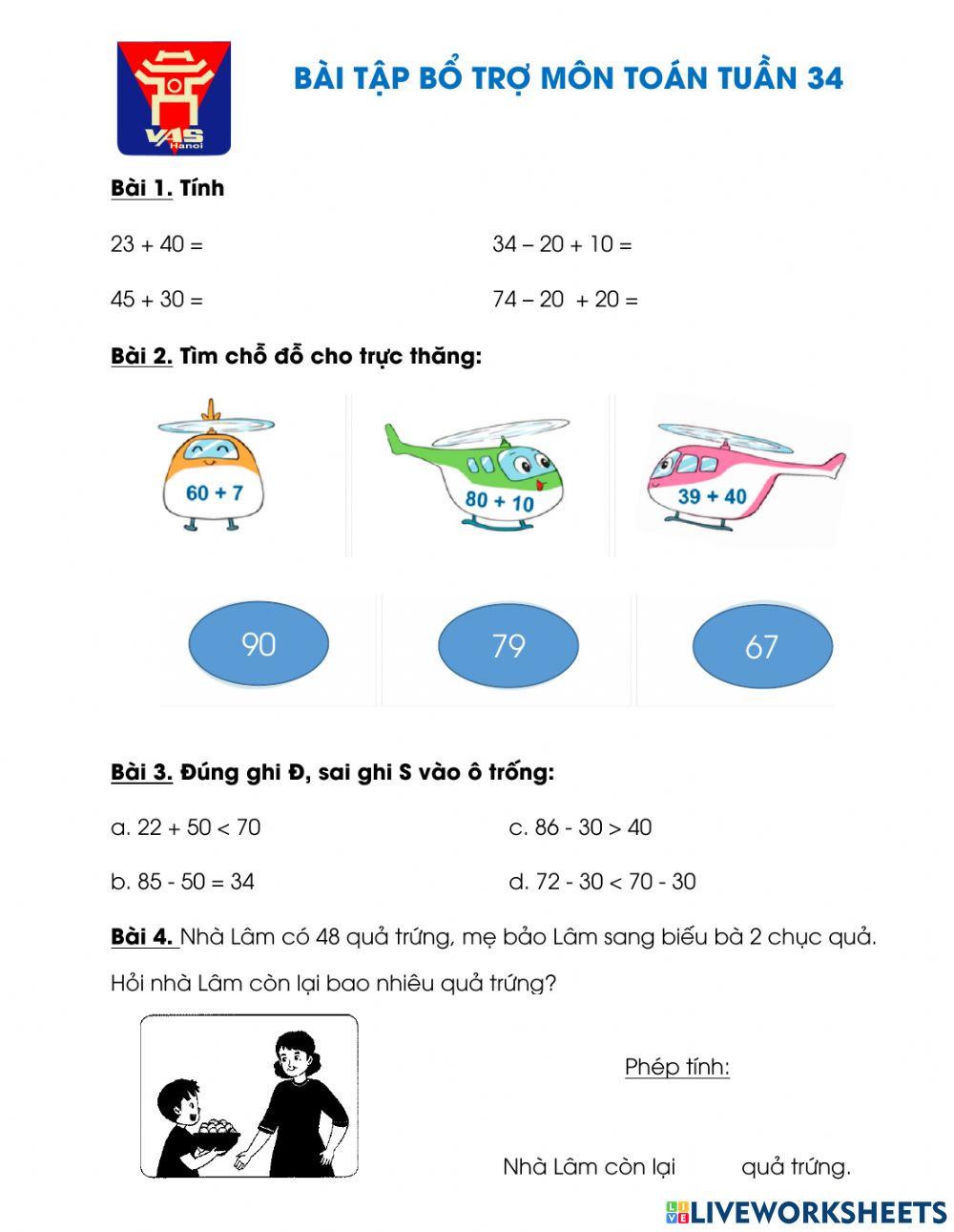 Phiếu bổ trợ Toán - Tuần 34