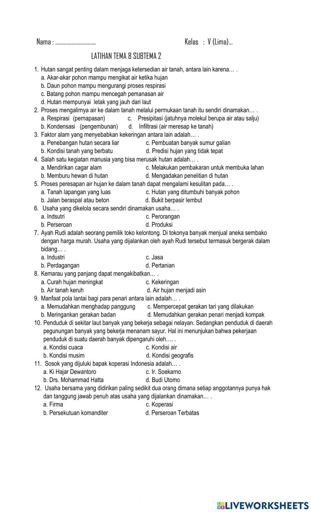 Latihan TEMA 8 SUB 2 KLS 5